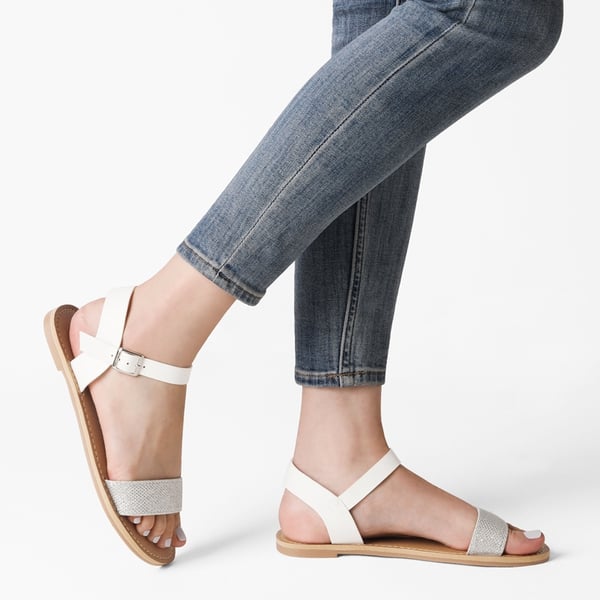 Ankle Strap Open Toe Flat Sandals - SILVER WHITE GLITTER - 1